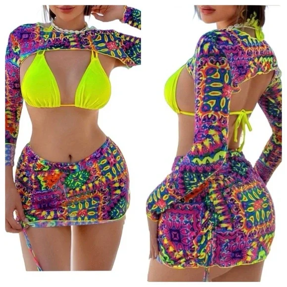 4pc Yellow Triangle Halter High Cut Bikini Set with Shrug & Drawstring Skirt - Picture 1 of 12